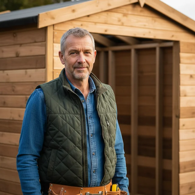 Chris Sheridan, carpenter and founder of ShedBuilder, standing in front of a part-built timber shed