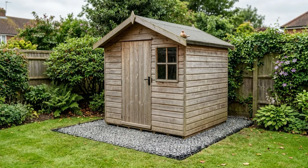 Timber shed sitting level on a finished gravel-filled plastic base grid