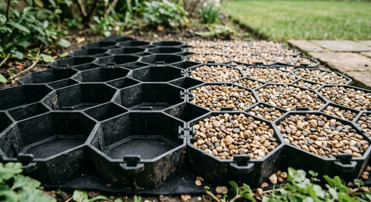 Close-up of interlocking plastic base grid cells half filled with pea gravel