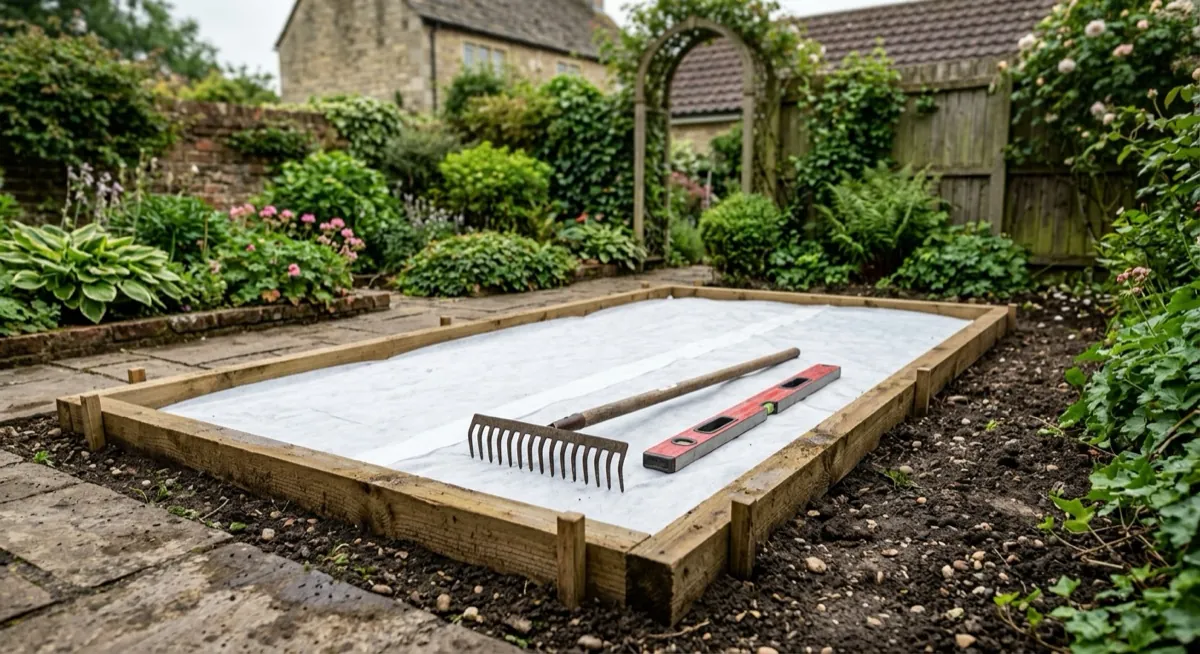Excavated and levelled rectangle of ground covered with weed membrane and timber edging