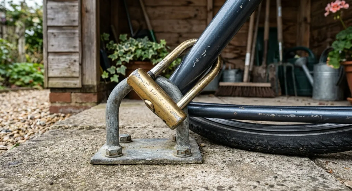 Heavy D-lock securing a bike frame to a steel ground anchor bolted into a concrete shed floor
