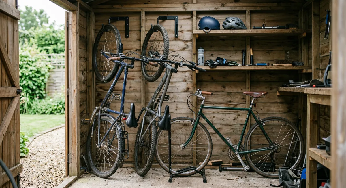 Two bicycles hung vertically on wall hooks inside a timber shed with a third on a floor stand