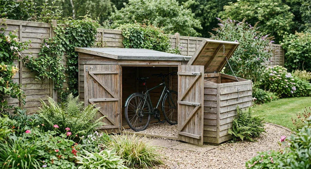 Low pent-roof wooden bike store with double doors and lifting lid open showing a bicycle