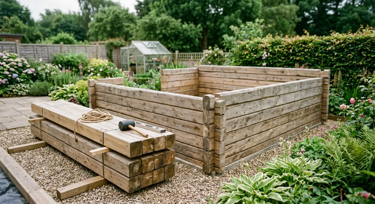 Log cabin mid-assembly with walls at half height and logs stacked on bearers