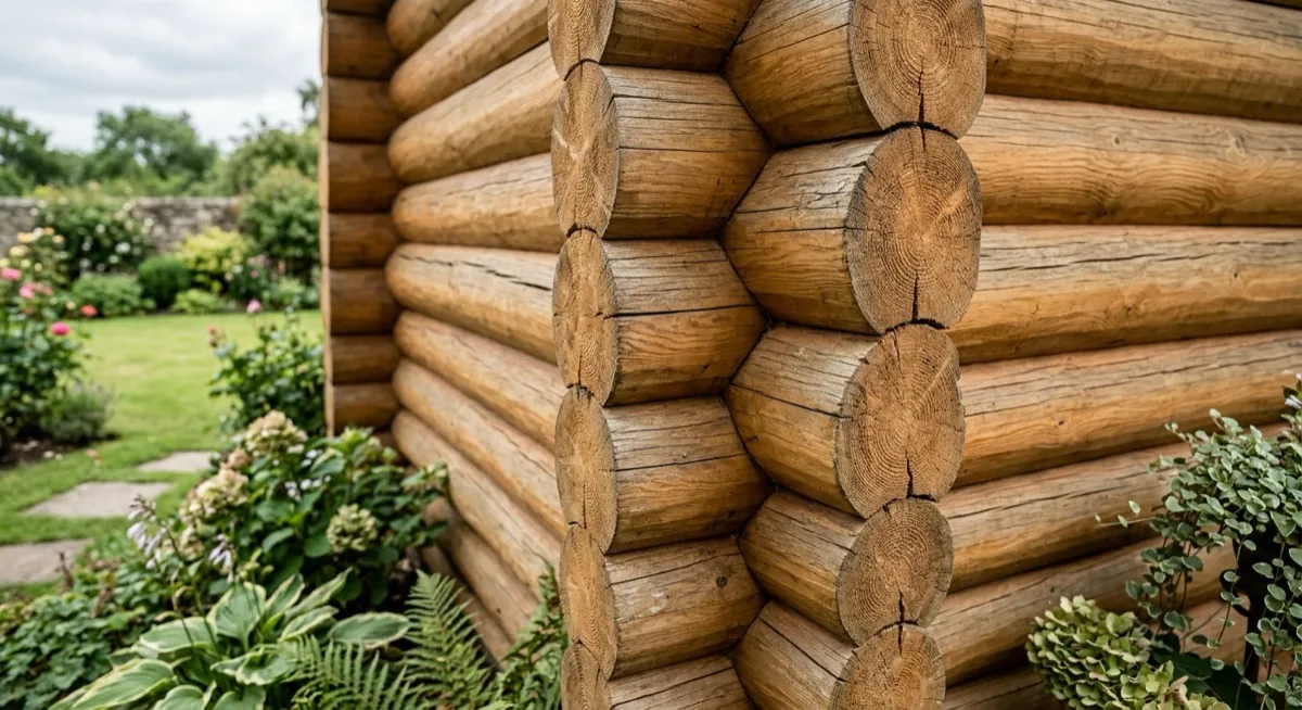 Close-up of a log cabin chalet corner joint with thick interlocking machined logs