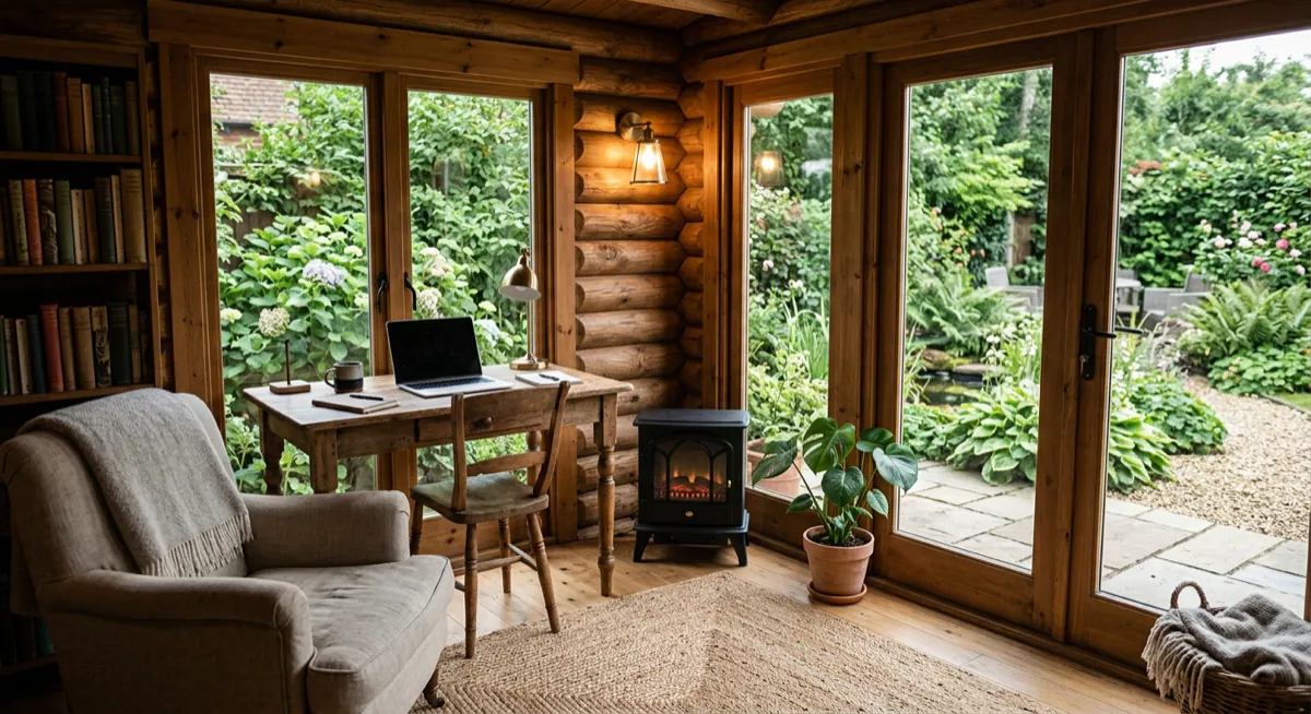 Log cabin interior used as a lounge office with solid timber walls, armchair and desk