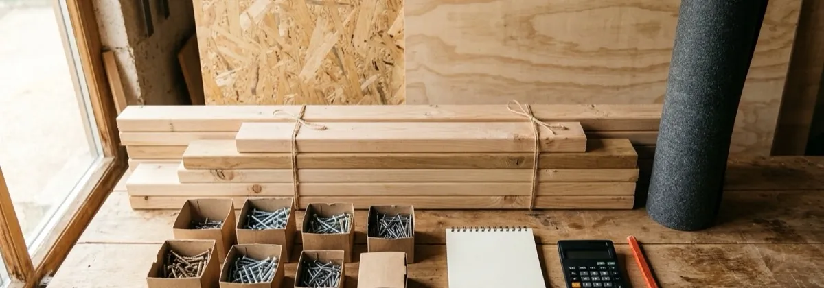 Shed building materials, timber and sheets with a calculator and notepad on a workbench