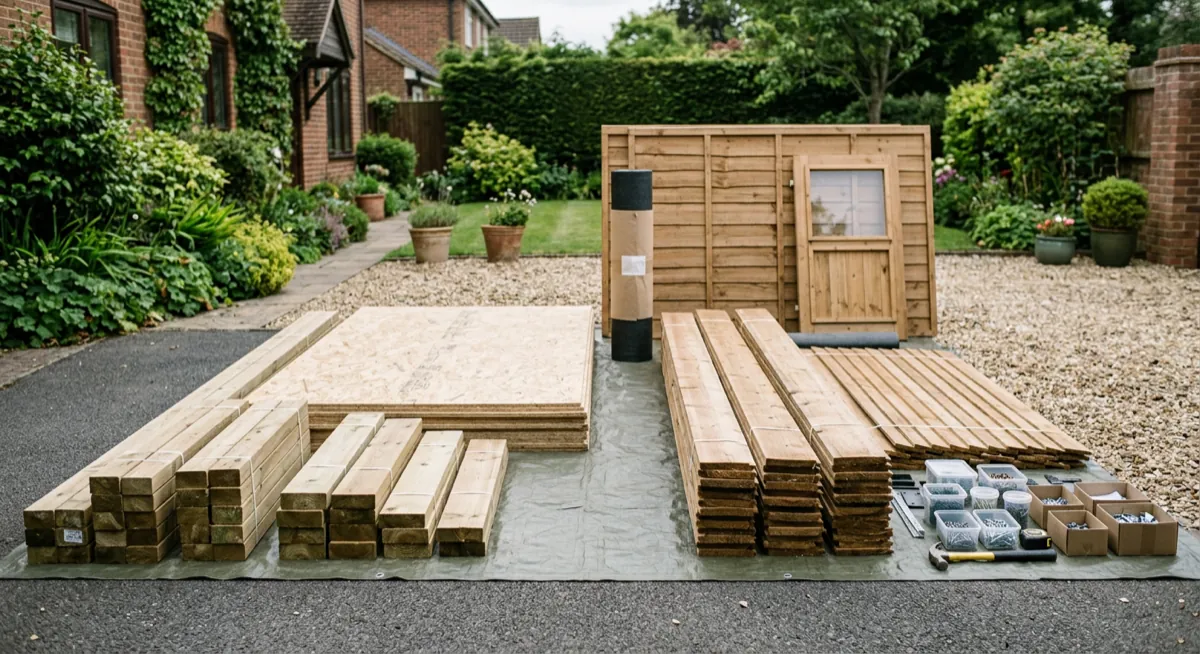 All the materials for a small garden shed laid out on a driveway ready to build