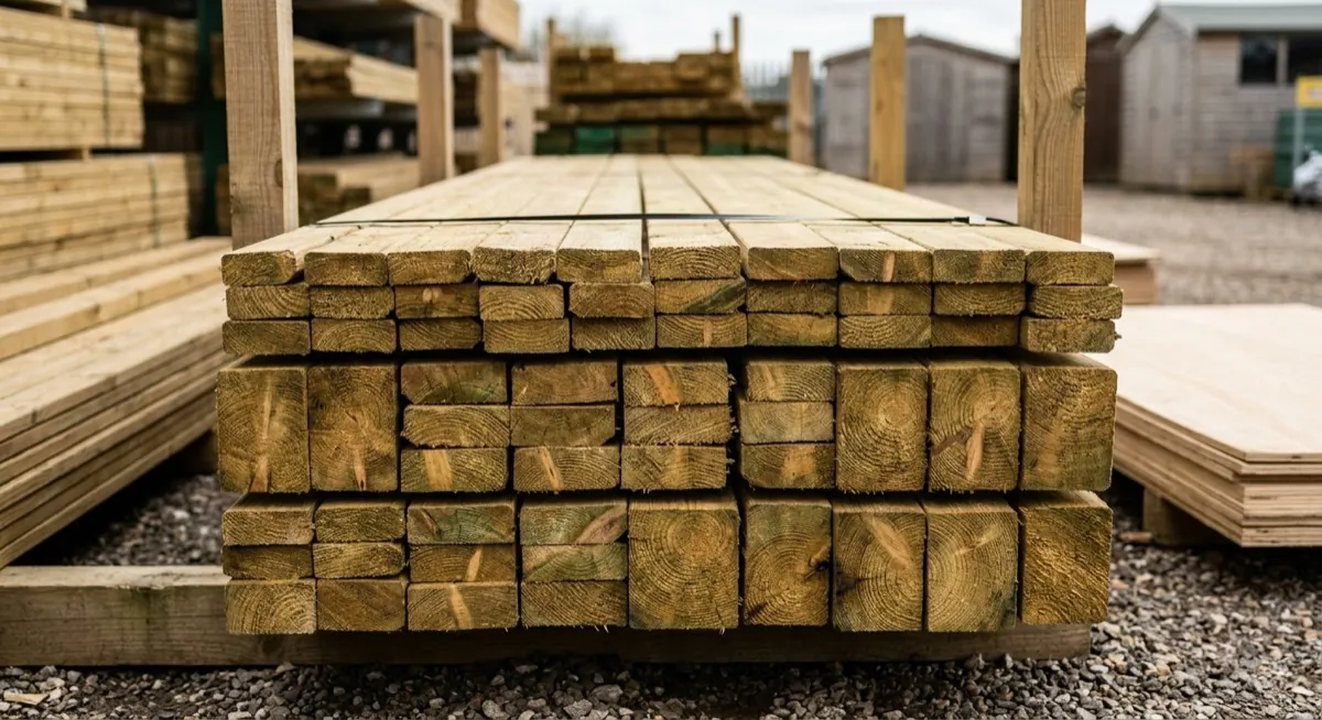 Stack of sawn treated timber lengths in a builders merchant yard
