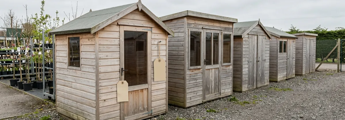 A row of assembled ex-display wooden garden sheds lined up for sale in a garden centre display area
