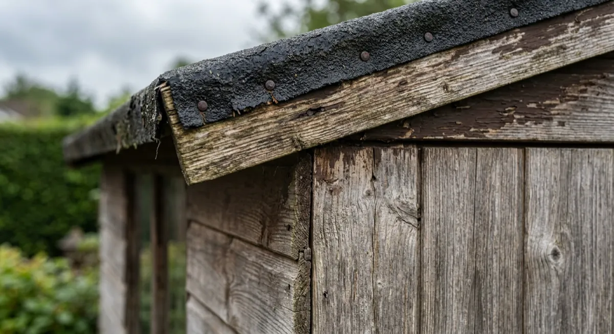 Close-up of a shed roof edge, felt overhang and cladding joint being inspected