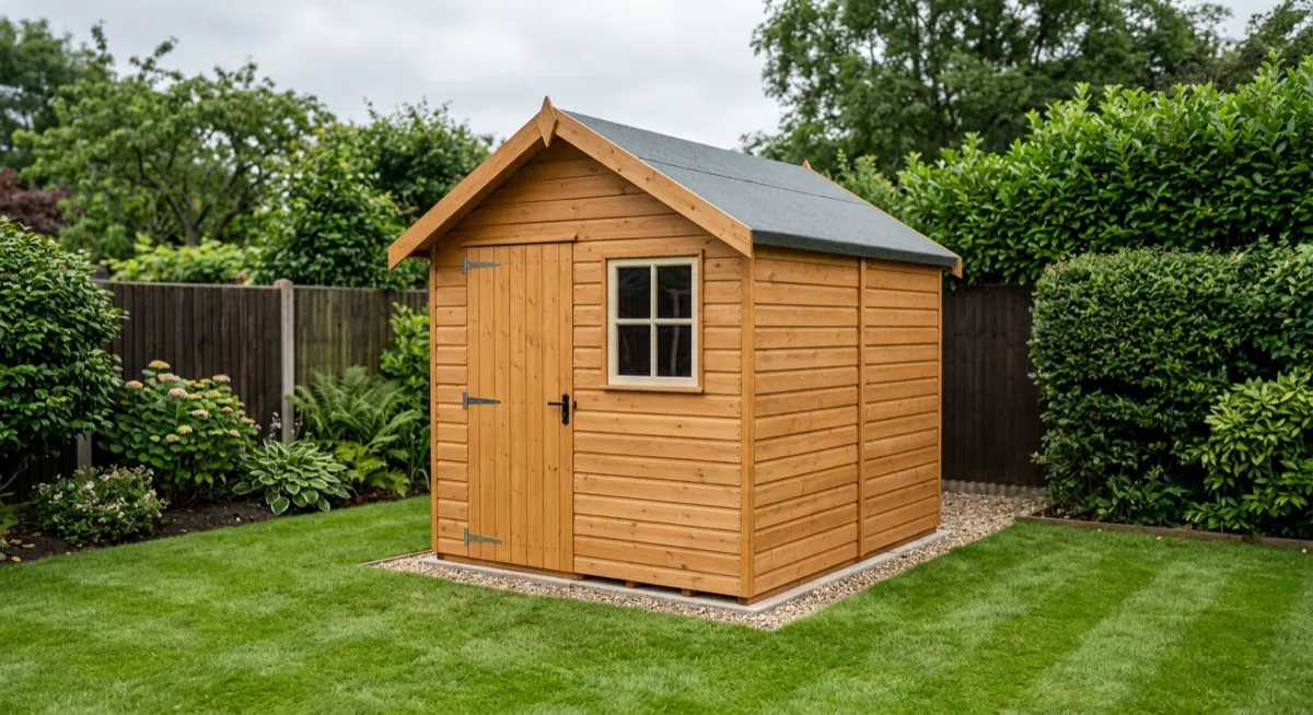 A pristine end-of-line wooden apex garden shed in perfect condition on a lawn