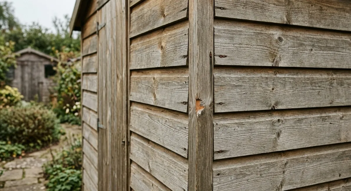 Close-up of an ex-display shed corner showing minor sun-fading and a small scuff on the cladding
