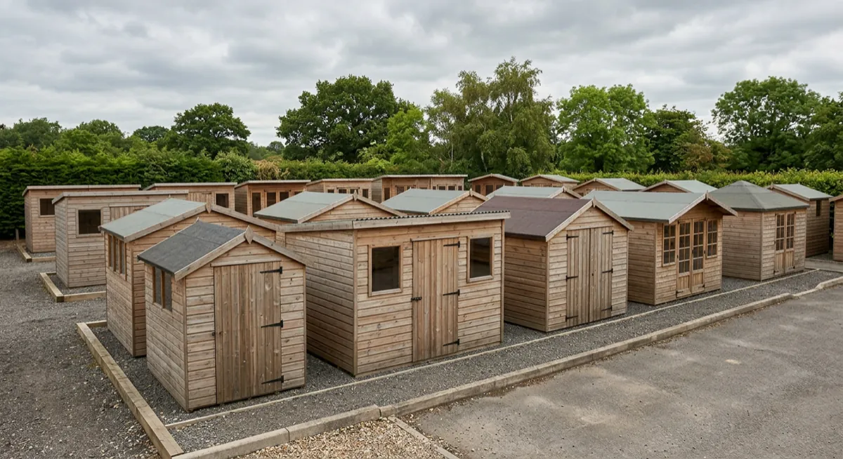 A display yard of several assembled wooden garden sheds arranged in rows