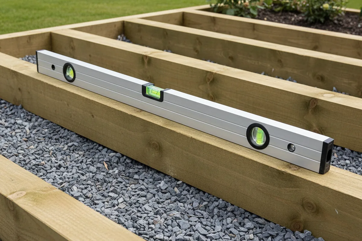Treated timber shed bearers laid parallel on a gravel base with a long spirit level checking they are level