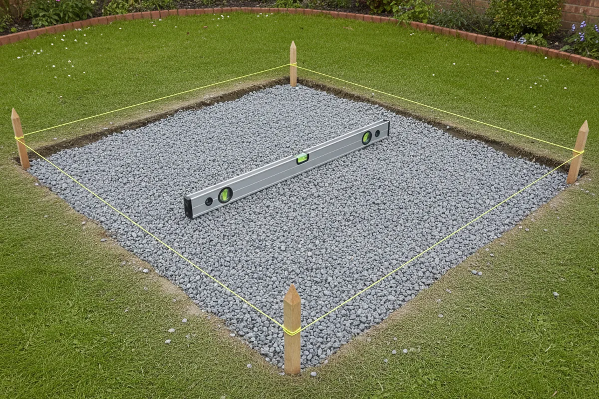 Marked-out shed foundation area with string lines on wooden pegs and a spirit level on a compacted hardcore base