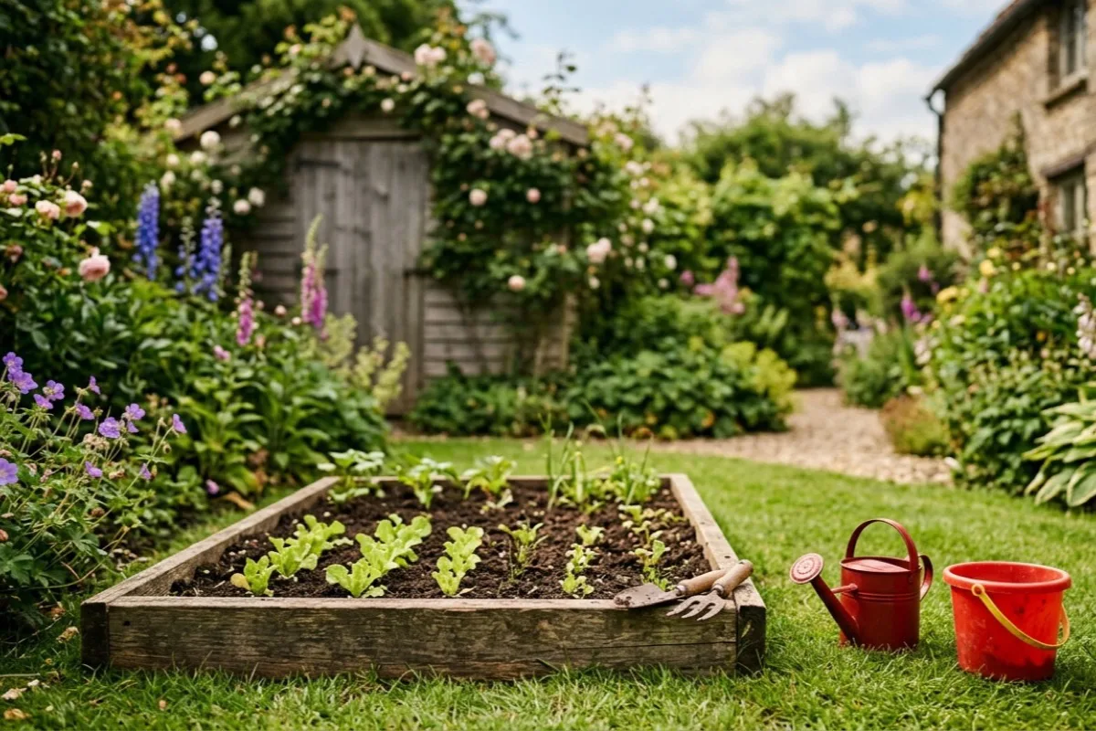 A child-sized raised planter with young lettuce seedlings, a tiny trowel and fork, a small red watering can and a sand bucket