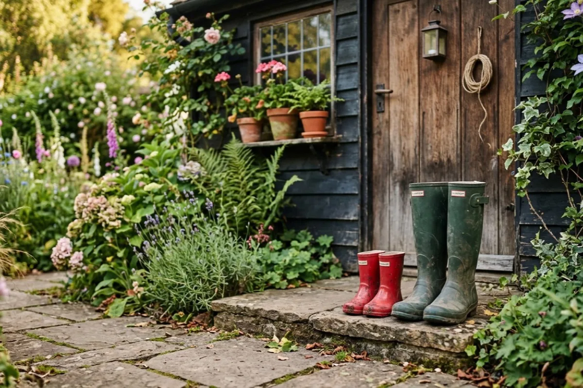 A pair of large green wellington boots beside a tiny pair of red wellington boots on the stone step of a shed door