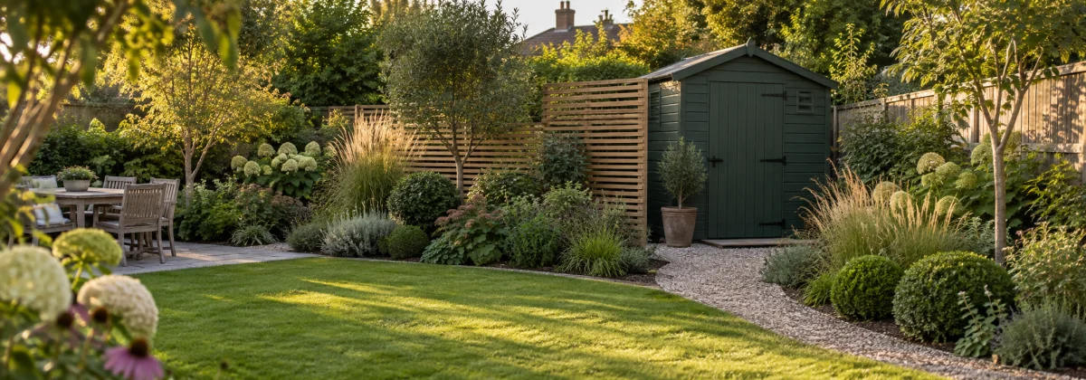 Dark green timber shed softened by a freestanding slatted screen and layered garden planting