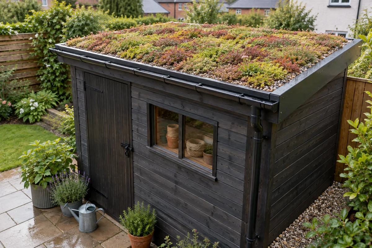 Small dark timber garden shed with a professionally detailed shallow sedum green roof and gutter