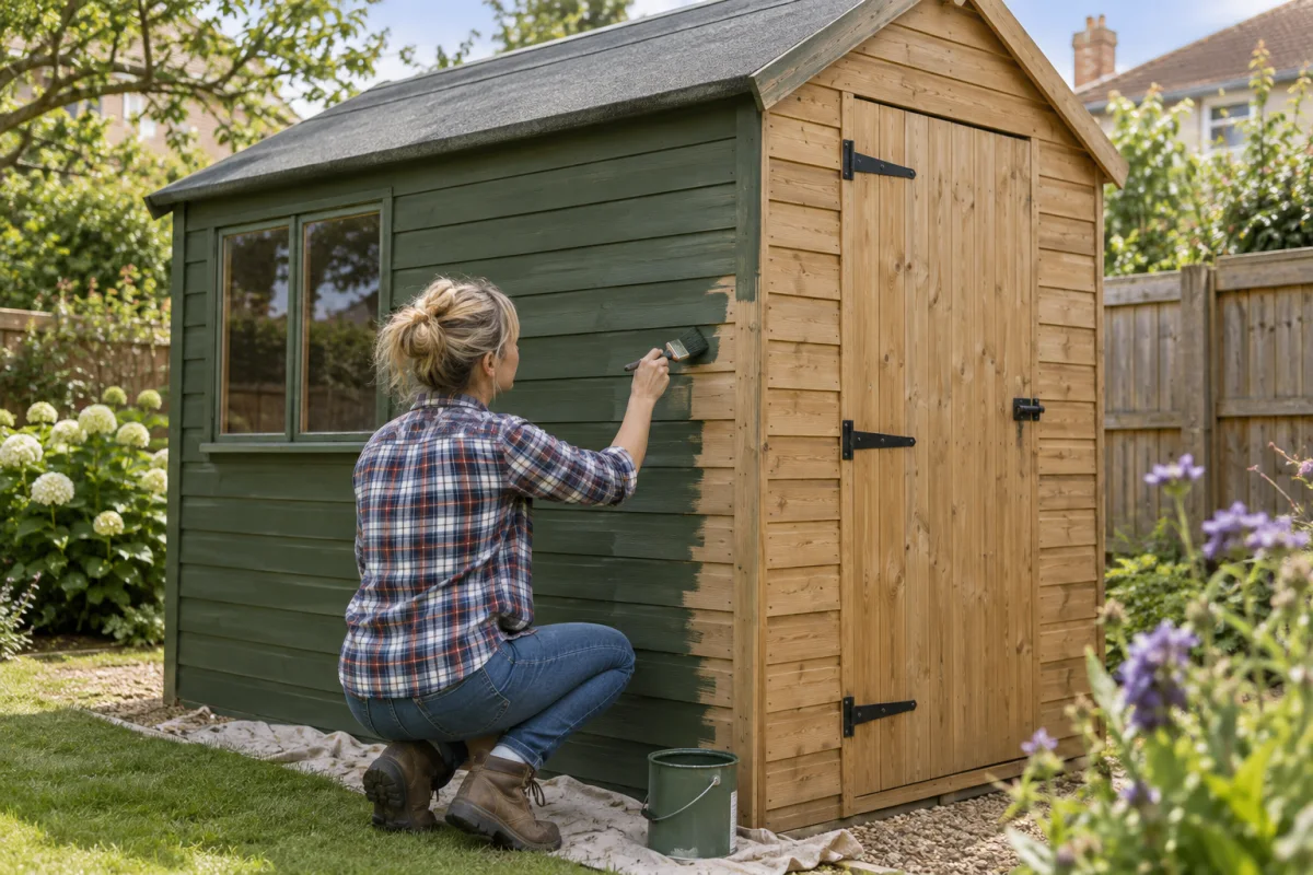 Homeowner painting a natural timber shed deep muted green with half the wall showing the transformation