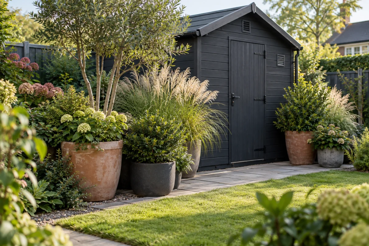 Dark timber shed softened by layered evergreen shrubs, ornamental grasses and moveable planters while its door and vents remain clear