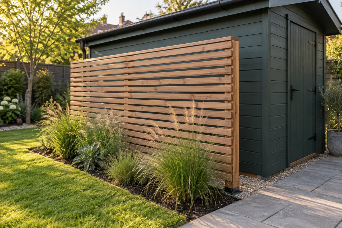 Independent horizontal timber slatted screen with ornamental grasses in front of a dark green shed
