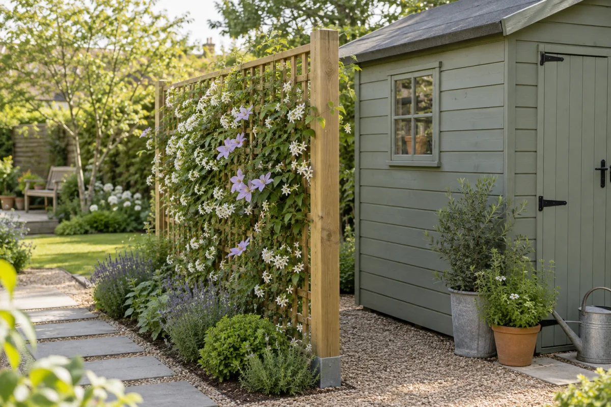 Freestanding trellis with flowering climbers near a muted green shed and a visible inspection gap