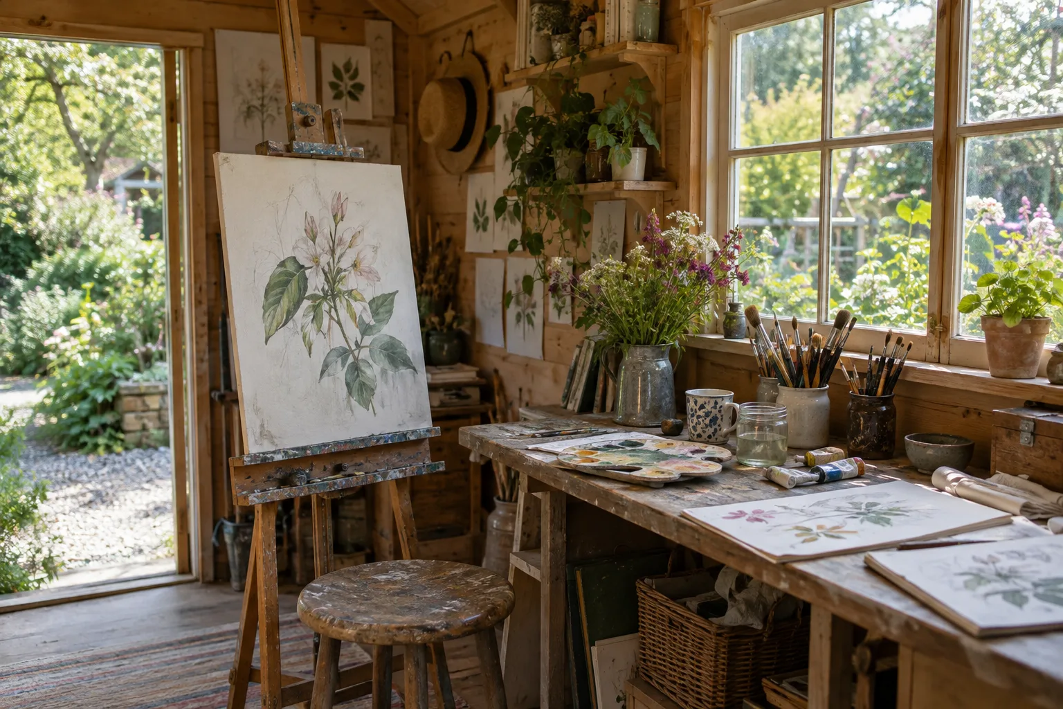 Easel with a botanical painting beside a window and a table of brushes in a timber shed