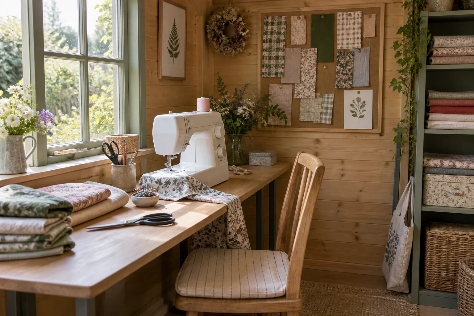 Sewing machine, folded fabrics and fabric samples arranged around a shed worktable