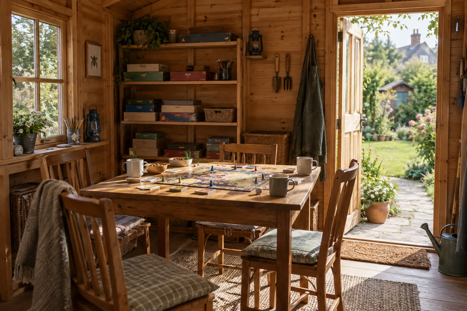 Four chairs around a board-game table inside a shed with an open garden door