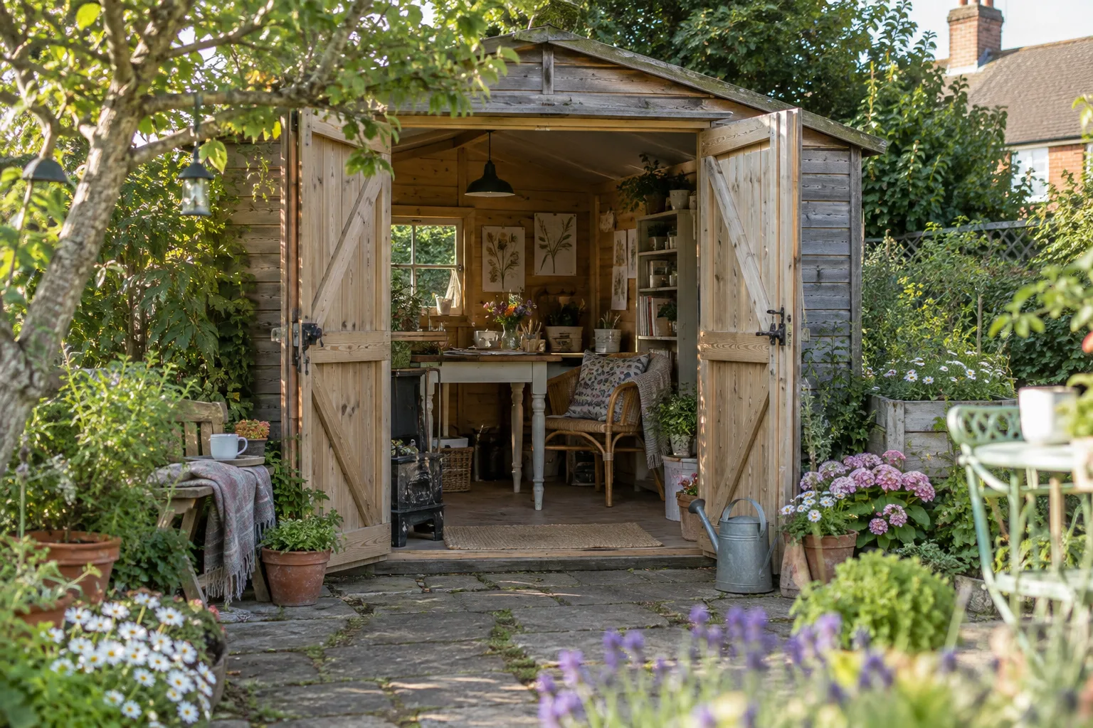 Open doors of a timber hobby shed reveal a worktable and comfortable chair in a leafy garden