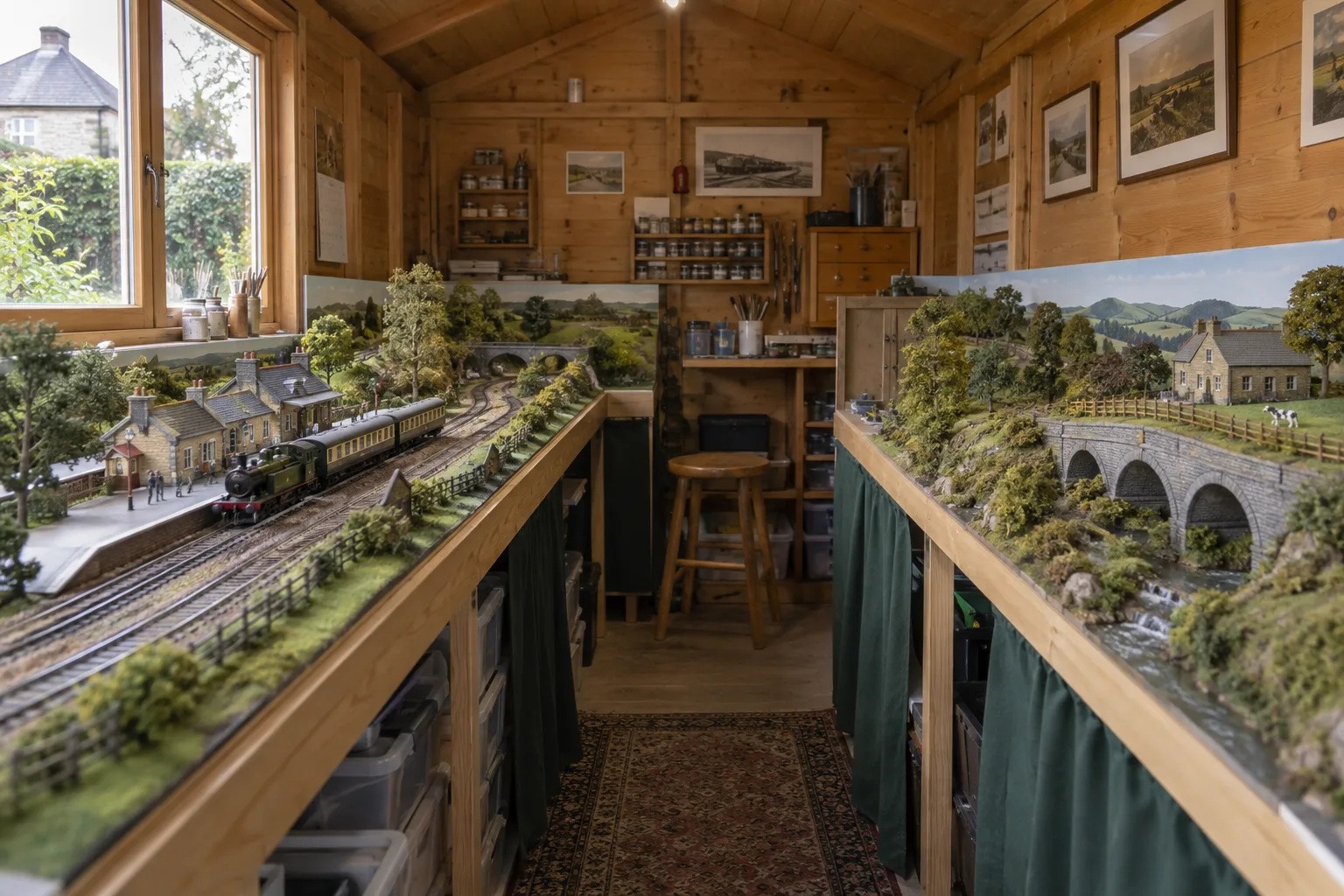 Model railway baseboards with a miniature station and countryside on either side of a shed aisle
