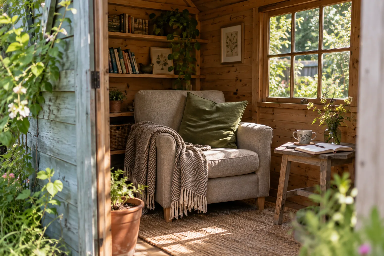 Comfortable armchair, books and a notebook beside a garden-facing shed window