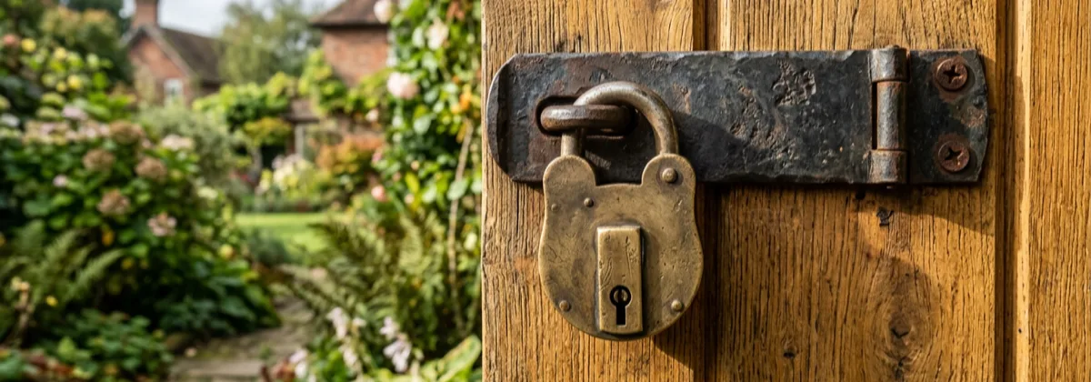 A sturdy hasp, staple and closed padlock on a timber shed door