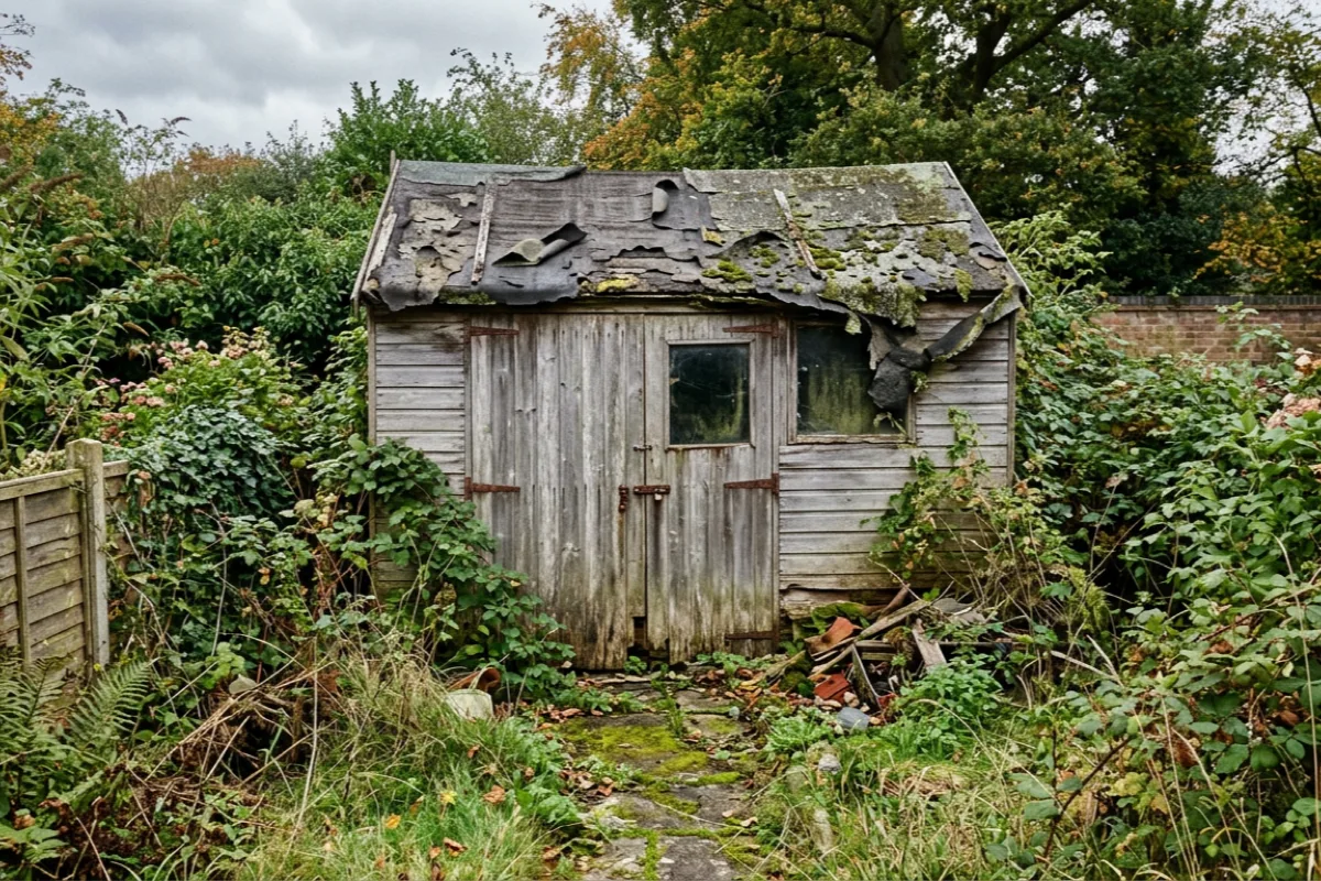A neglected shed with perished roofing felt and moss, the kind of disrepair that undermines storm claims