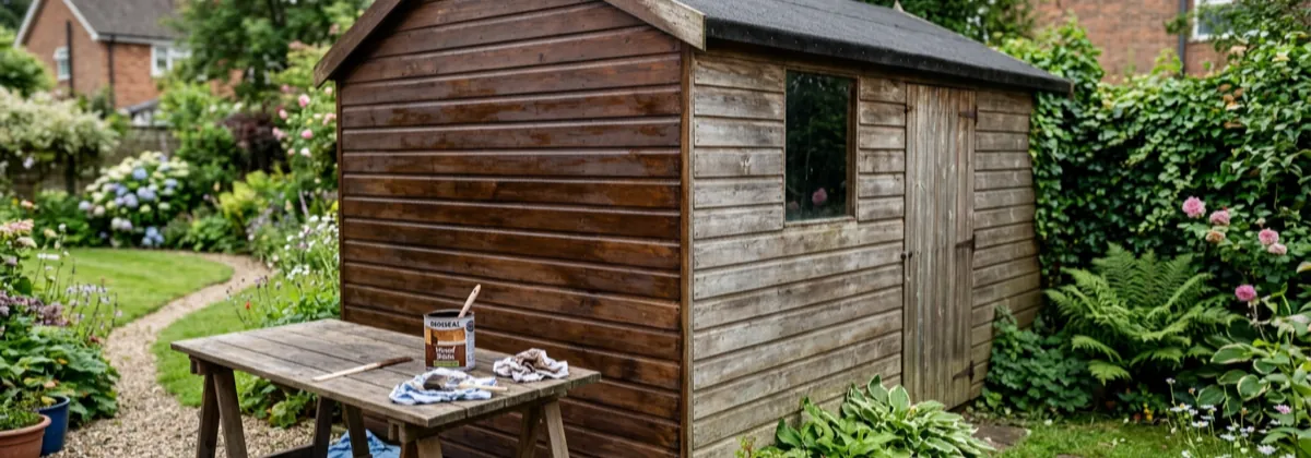 Timber shed mid-maintenance with one freshly stained wall and treatment tins on a trestle table