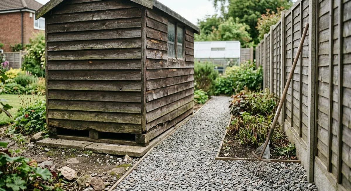Cleared gravel strip alongside a timber shed showing the air gap beneath the floor bearers