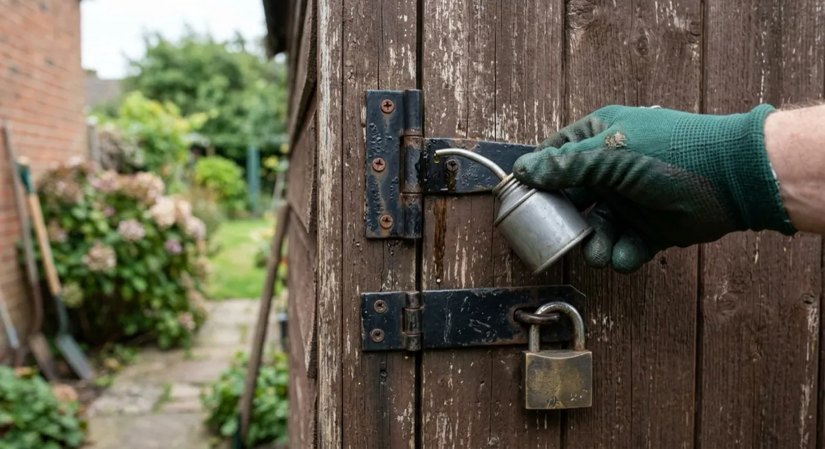 Gloved hand oiling the black T-hinge of a wooden shed door with hasp and padlock below