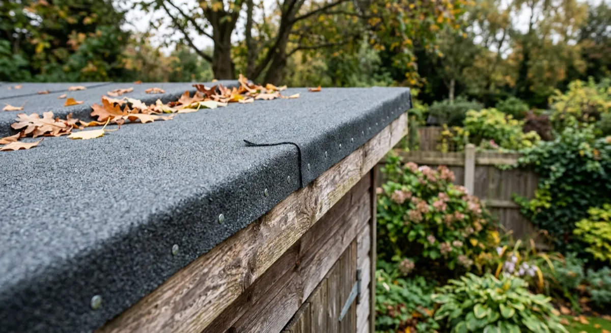 Close-up of a shed felt roof edge with mineral felt and clout nails along the fascia