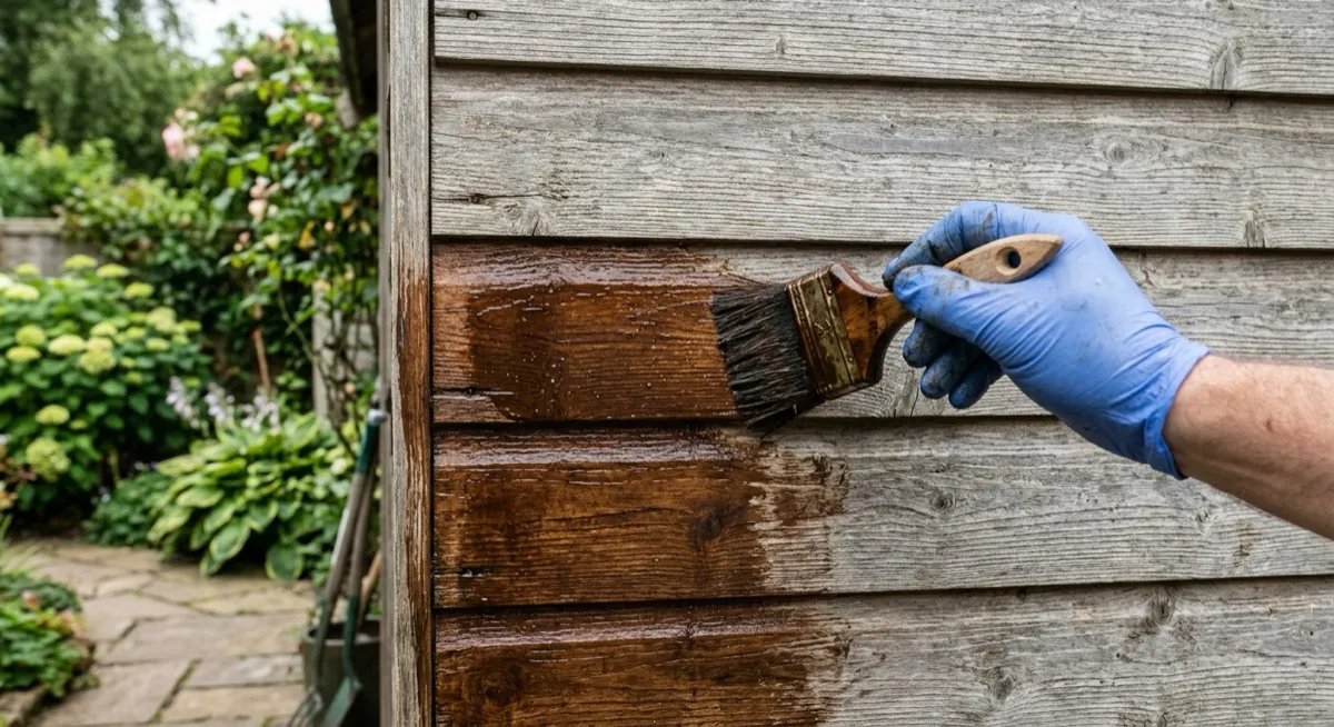Gloved hand brushing wood preserver onto faded shiplap cladding, wet boards contrasting with dry