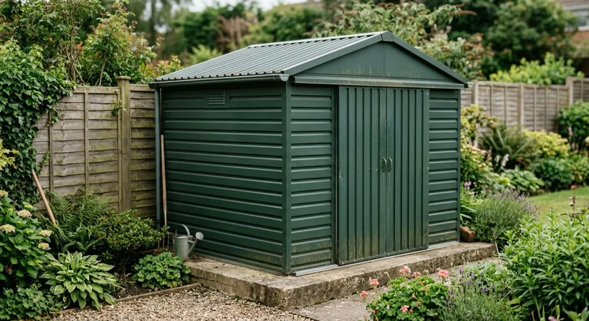 Dark green galvanised steel garden shed with sliding doors on a concrete base
