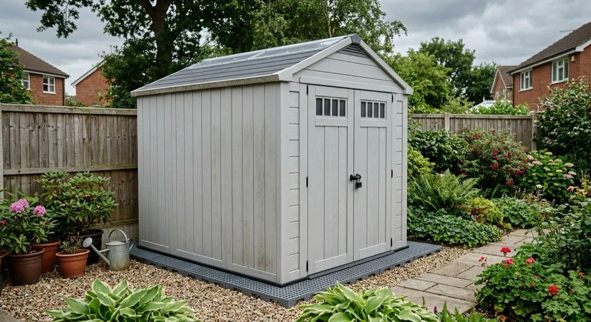 Light grey plastic resin garden shed with double doors standing on a plastic base on gravel