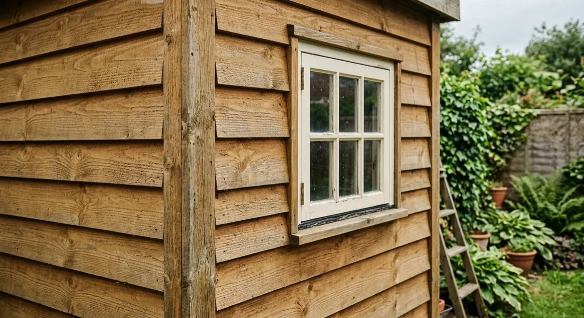Close-up of shiplap timber cladding and a glazed window on a wooden garden shed
