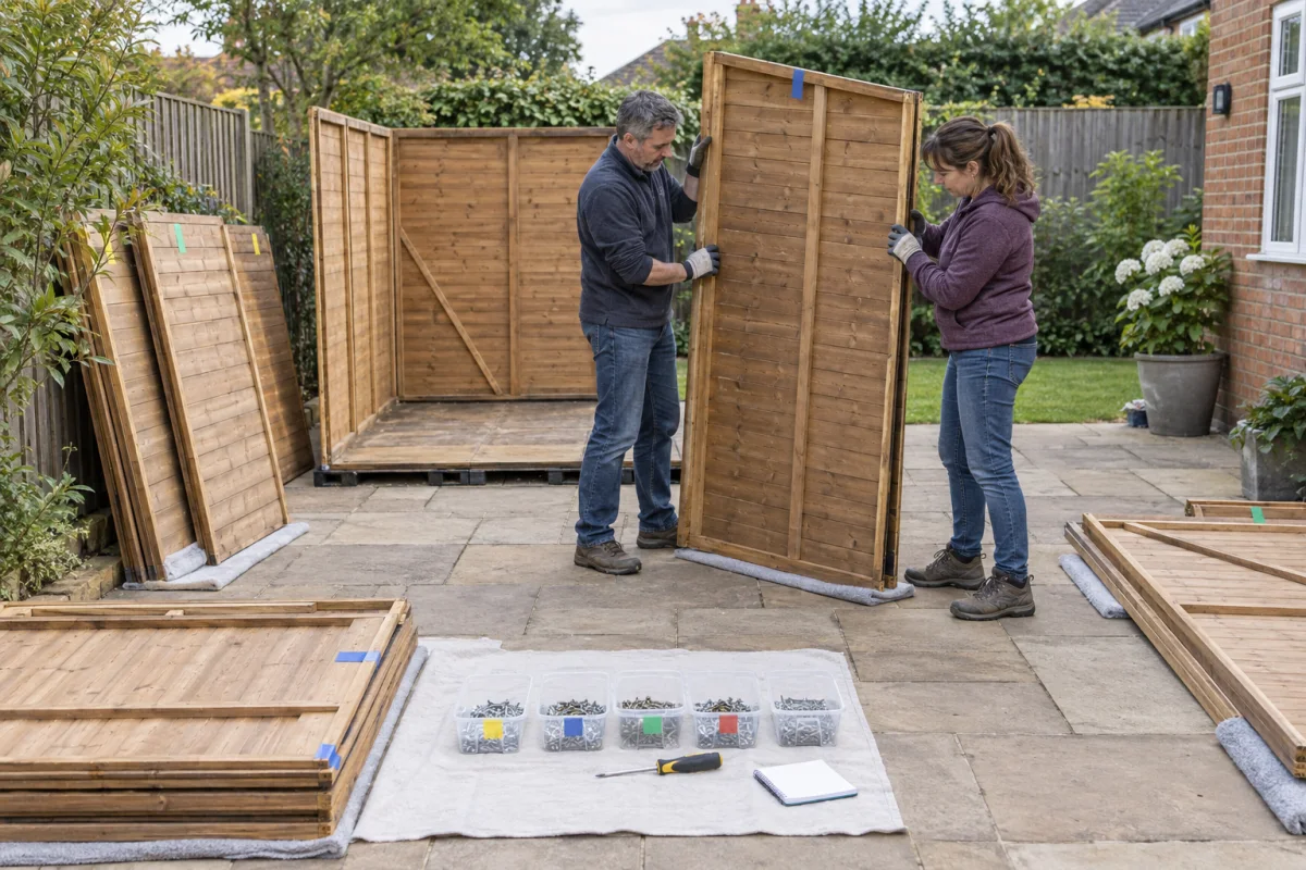 Two adults supporting a labelled shed wall panel during an organised dismantling with fixings sorted by section
