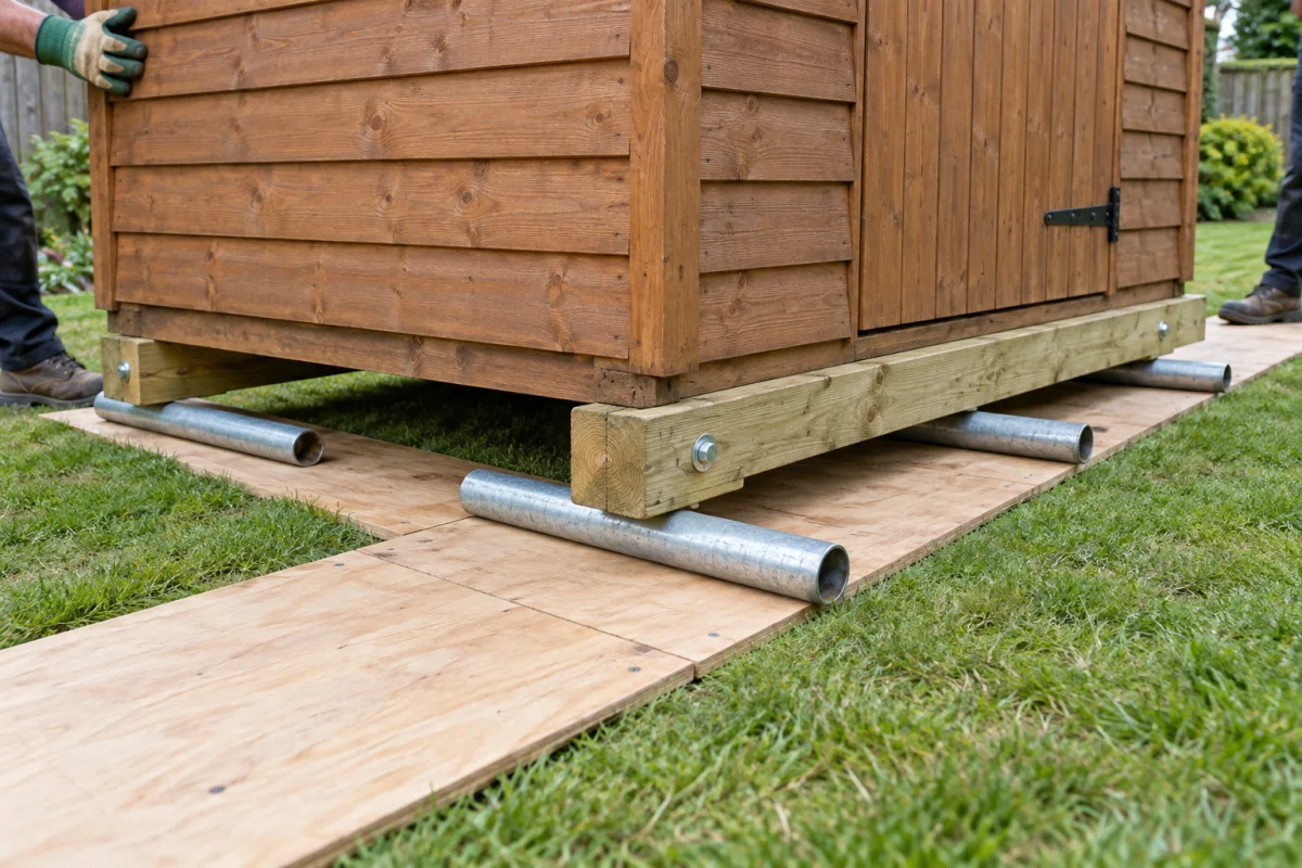 Close view of a small timber shed supported on wooden skids and steel rollers over a continuous plywood track