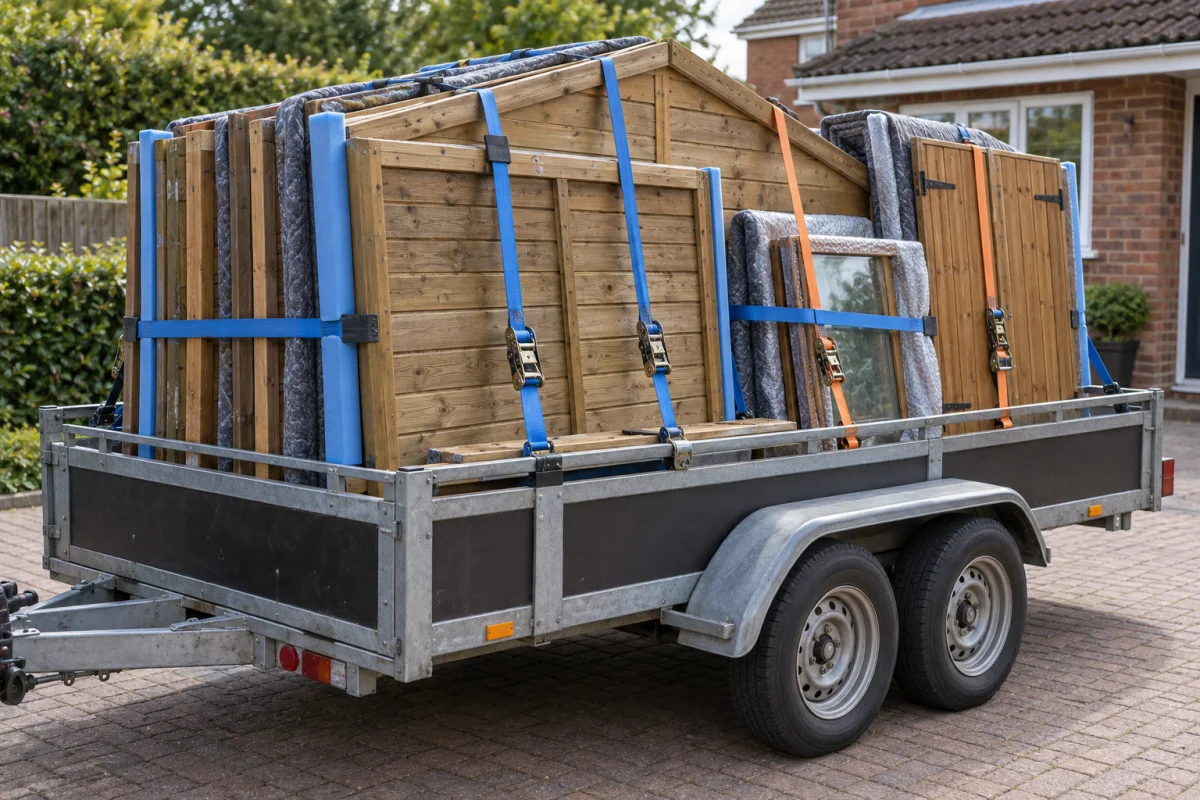 Dismantled shed panels padded and secured upright on a twin-axle trailer with several ratchet straps