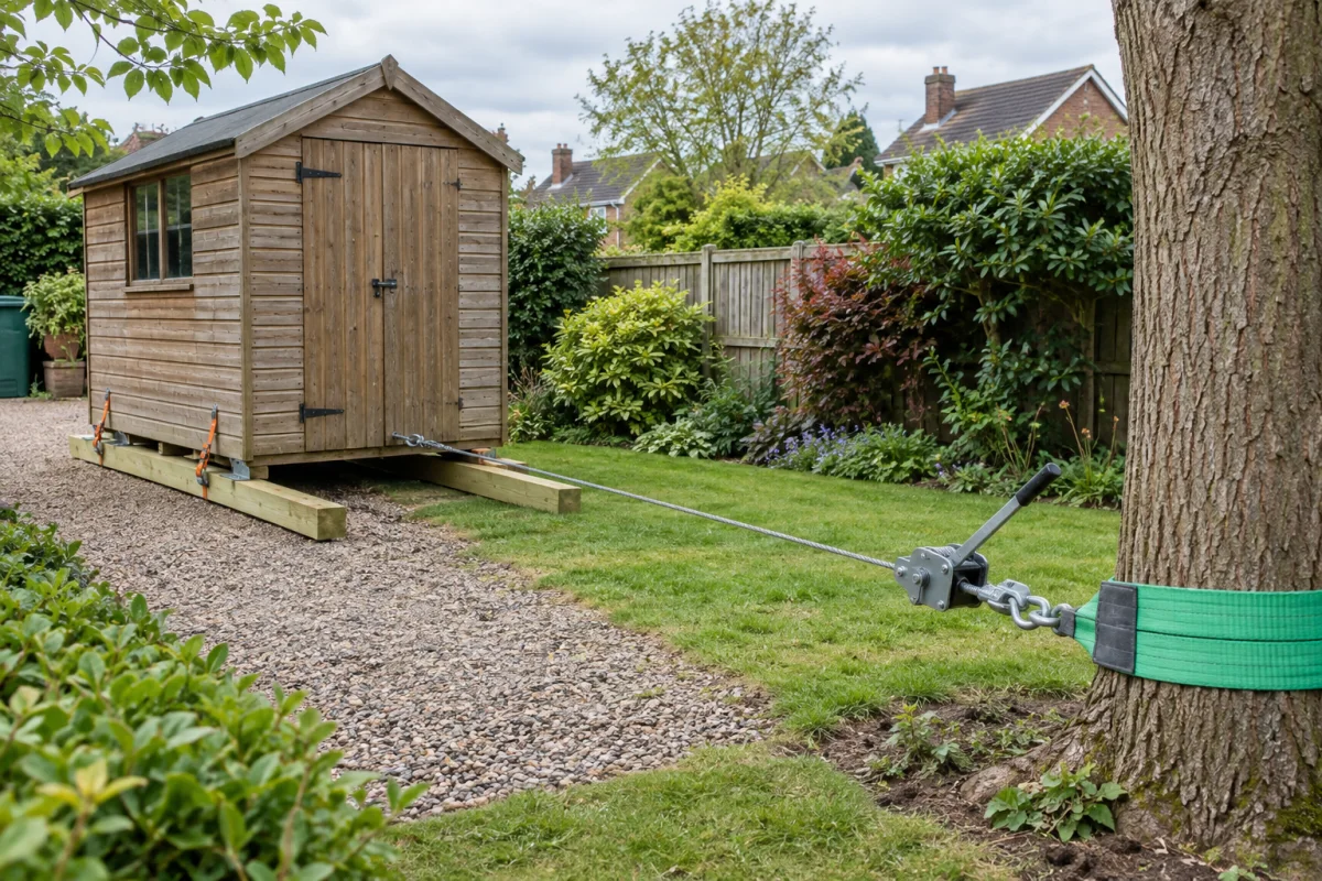 Small timber shed on long wooden skids connected to a manual winch anchored with a protective tree sling