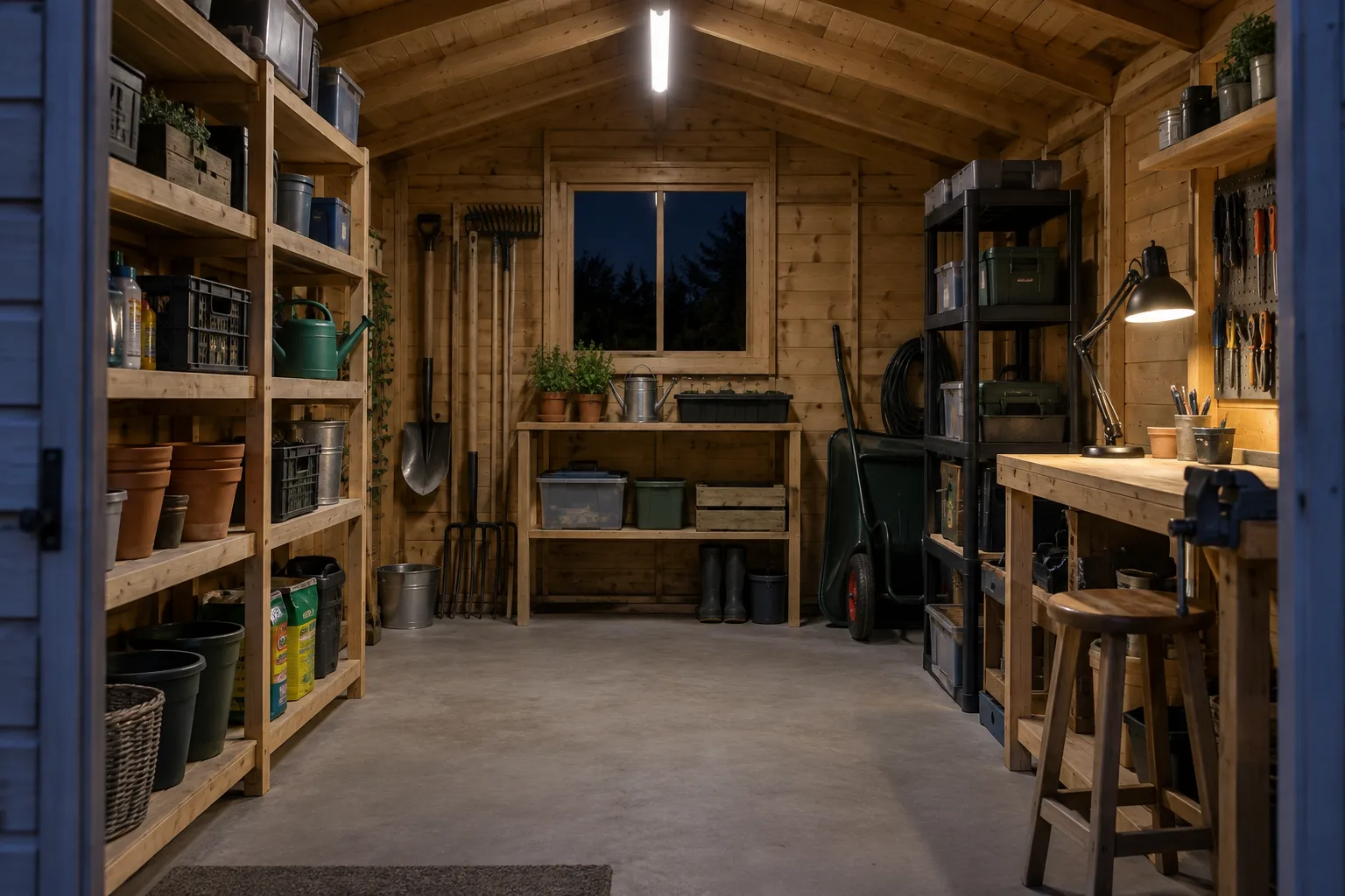 Ceiling lighting and a separate workbench lamp inside a tidy storage shed at night