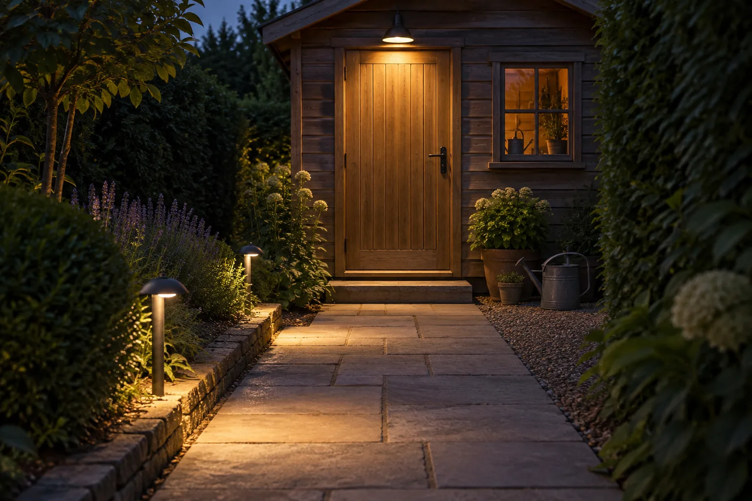 Downward-facing doorway and path lights illuminating paving and a step outside a shed